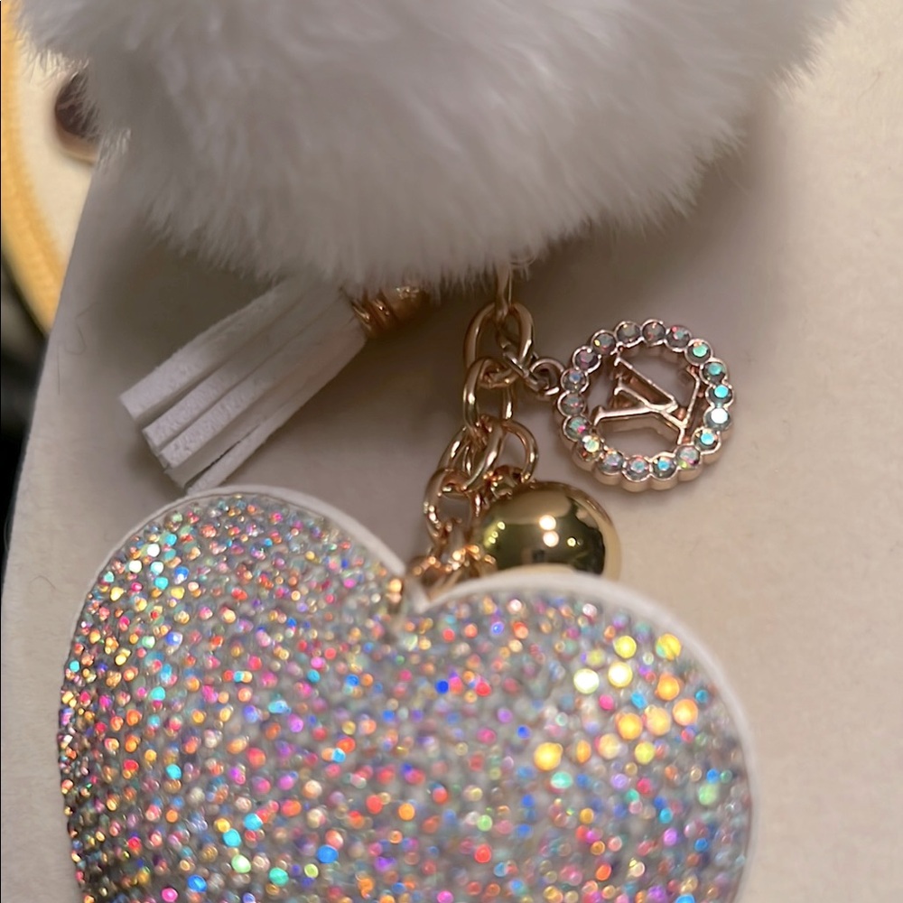 White Fluffy Keychain with Heart and Gold Accents